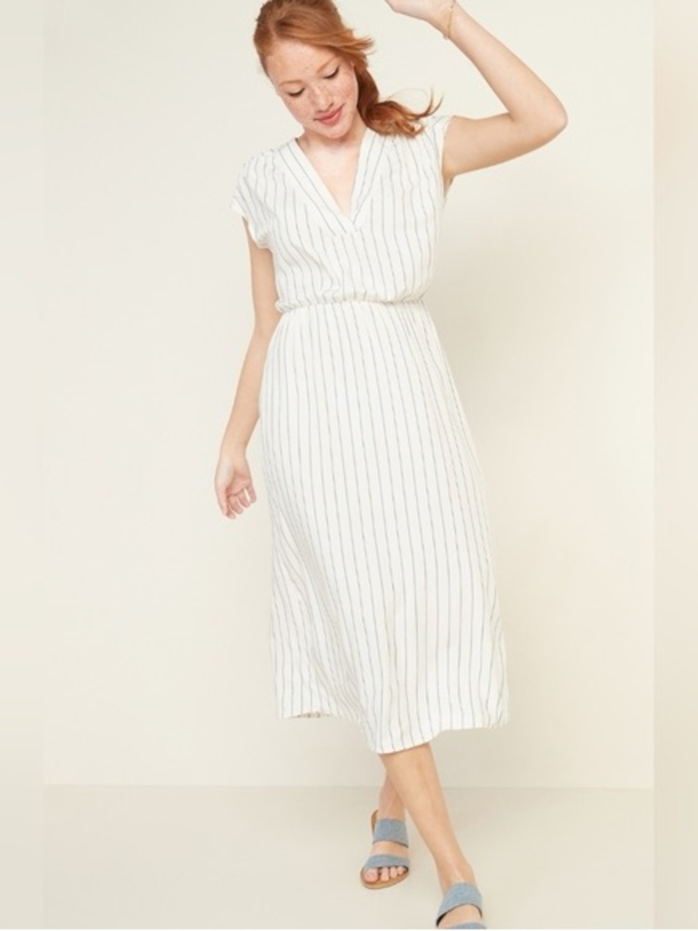Old Navy Striped Midi Dress Cream Blue V Neck Flowy Relaxed XL